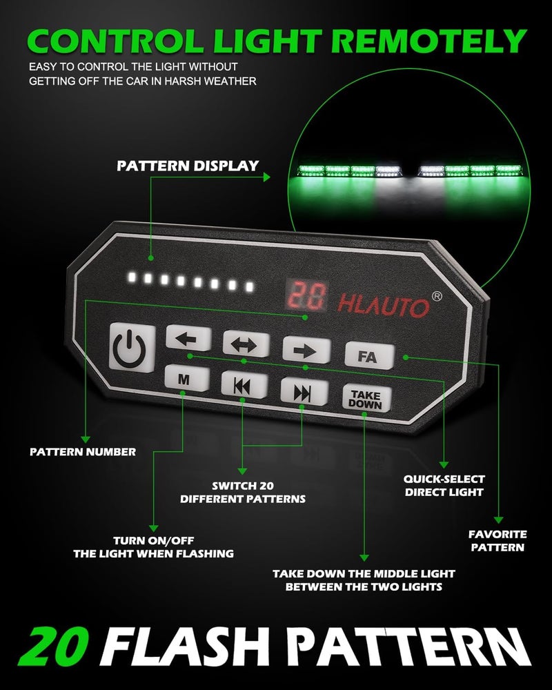 HLauto 604N Emergency Dash Strobe Lights: 2x16.8 inch Green Security Light w/Take Down, 48 LED Safety Flashing Warning Hazard Interior Windshield Light Bar for Truck Vehicle - Image 4